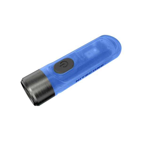 Un porte-clés lampe de poche LED bleu avec face avant noire, compact et portable, doté d'un bouton marche/arrêt sur le dessus.