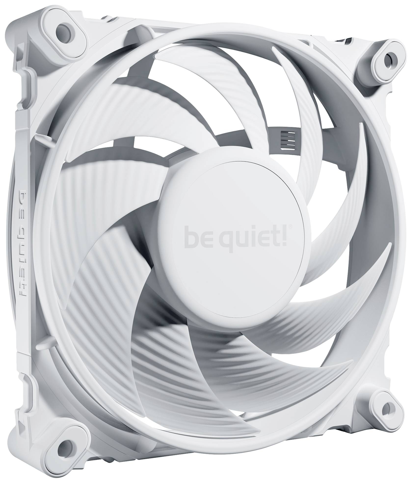 Un ventilateur d'ordinateur blanc de la marque 'be quiet!' avec plusieurs pales de ventilateur et un boîtier carré au centre.