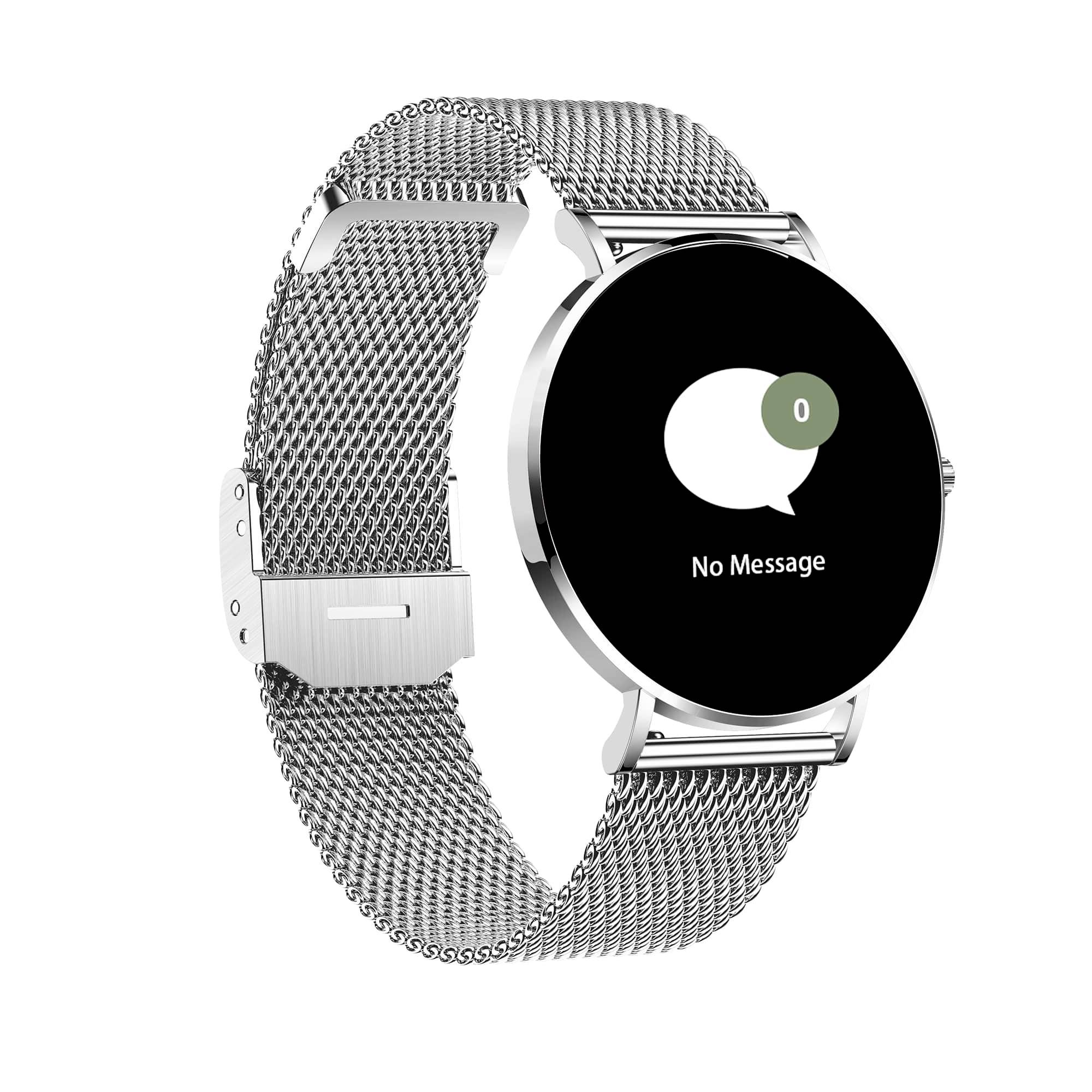 Montre connectée argentée à écran rond affichant une bulle de dialogue vide avec les mots « Aucun message ». Bracelet au design mesh.