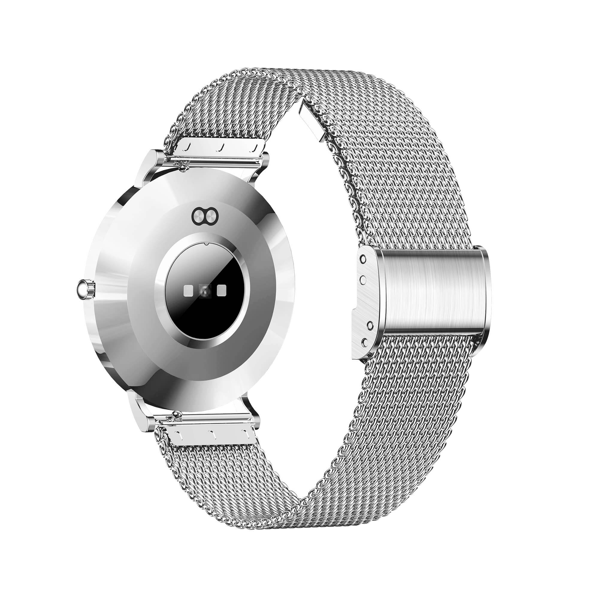 Montre-bracelet argentée avec boîtier rond et bracelet métallique, équipée de capteurs à l'arrière. Design moderne et minimaliste.