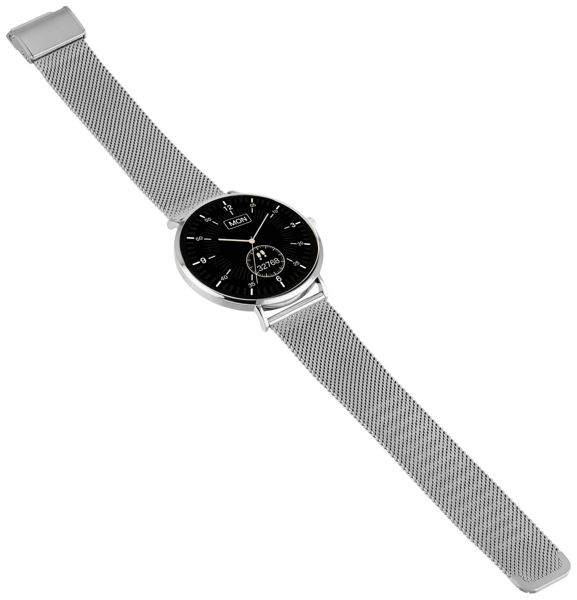 Une montre-bracelet argentée avec un cadran noir. Le cadran affiche un écran numérique indiquant la date et l'heure. Design élégant.