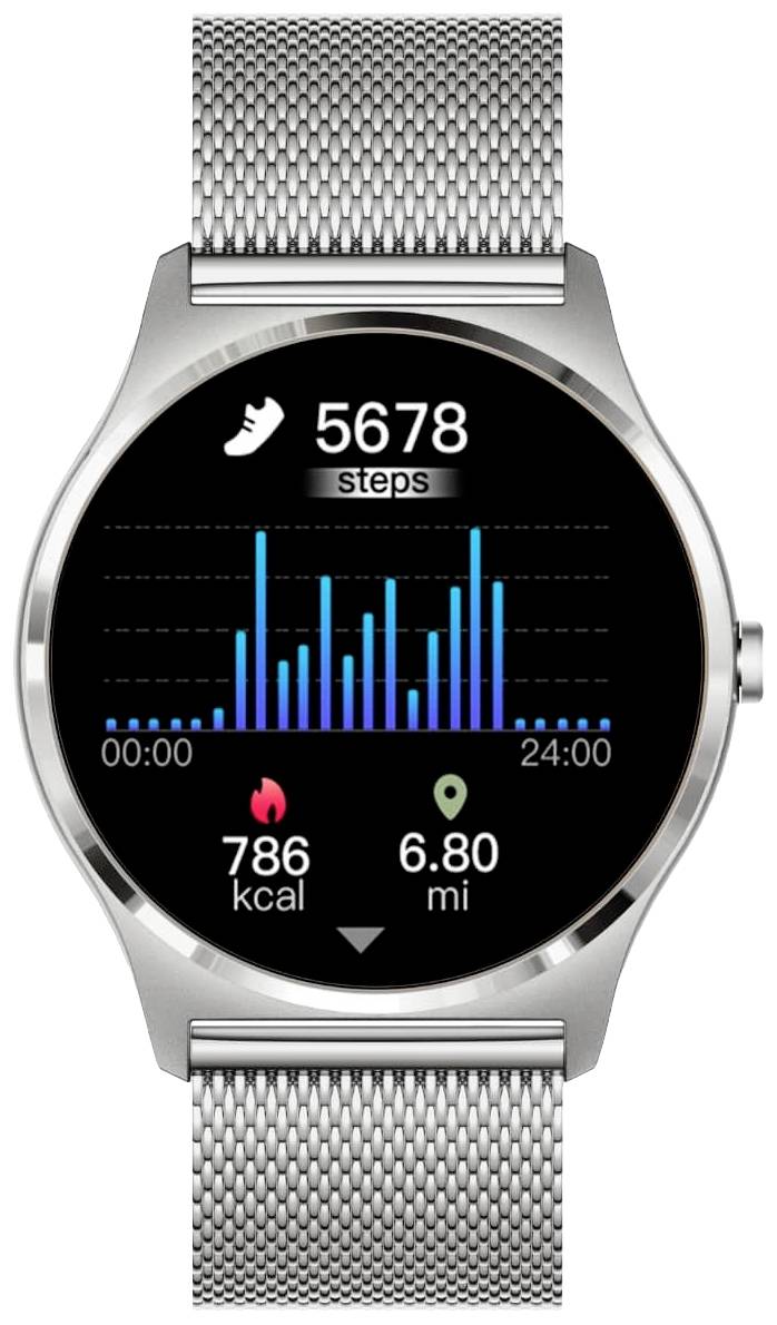 Une montre connectée affiche '5678 pas', un graphique à barres, '786 kcal' et '6,80 mi'. L'affichage principal est le nombre de pas.
