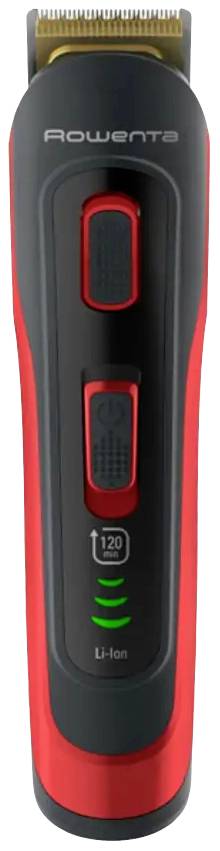 Tondeuse Rowenta rouge et noire avec deux boutons et affichage LED à l'avant.