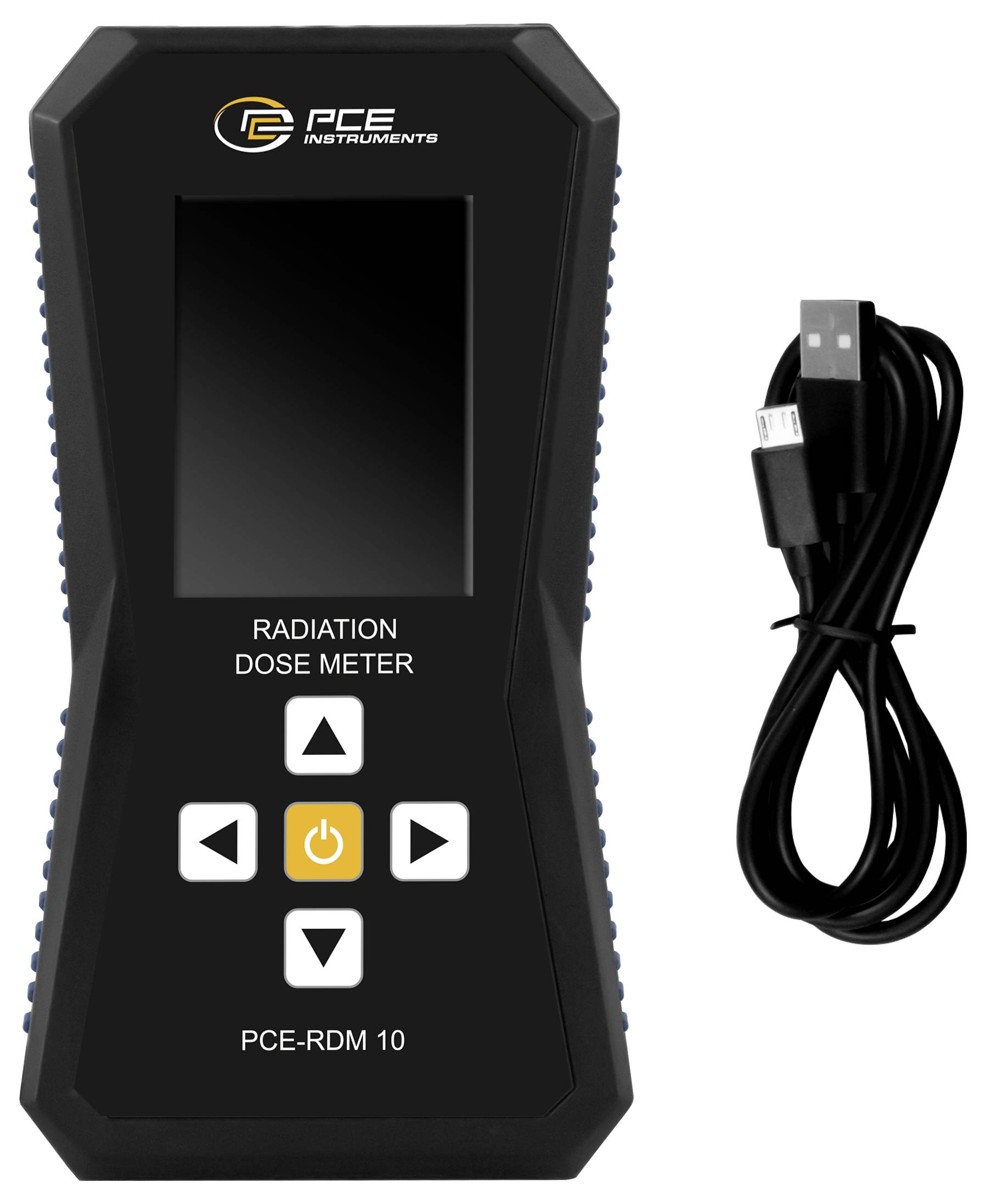 Compteur de dose de rayonnement PCE portatif avec affichage vierge, boutons de contrôle et câble USB à côté.