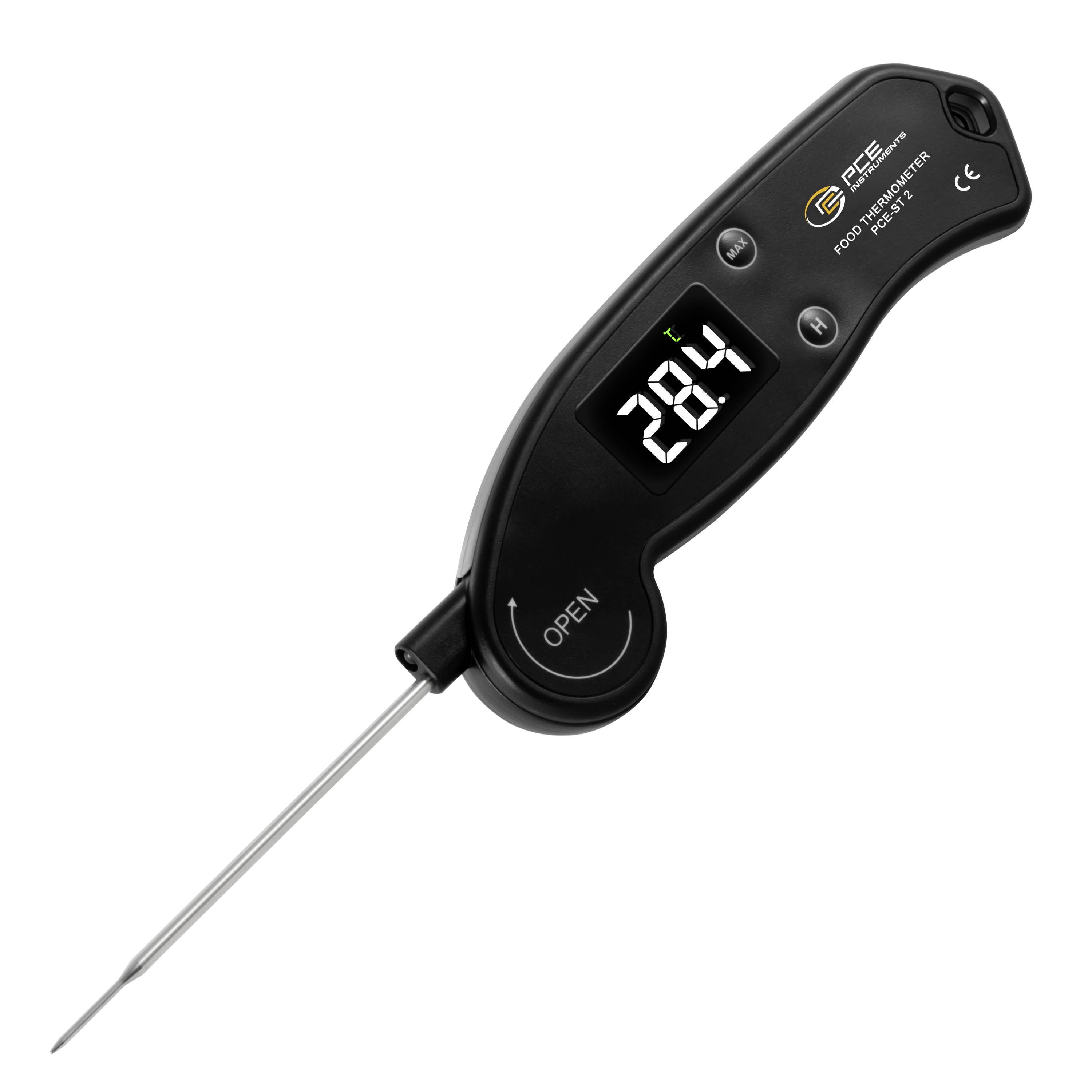 Thermomètre numérique noir pour aliments avec sonde métallique affichant 28,4, utilisé pour mesurer la température des aliments.