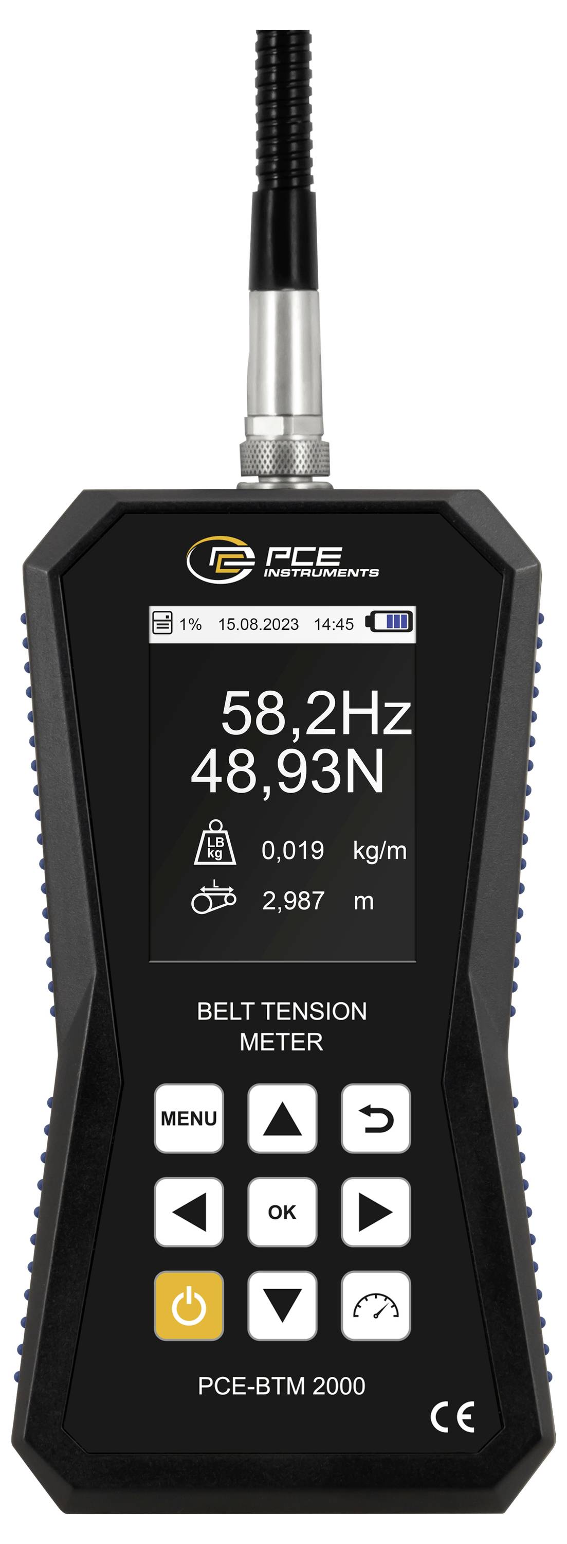 Dynamomètre de tension de courroie portatif PCE-BTM 2000 affichant 58,2 Hz et 48,93 N sur son écran.