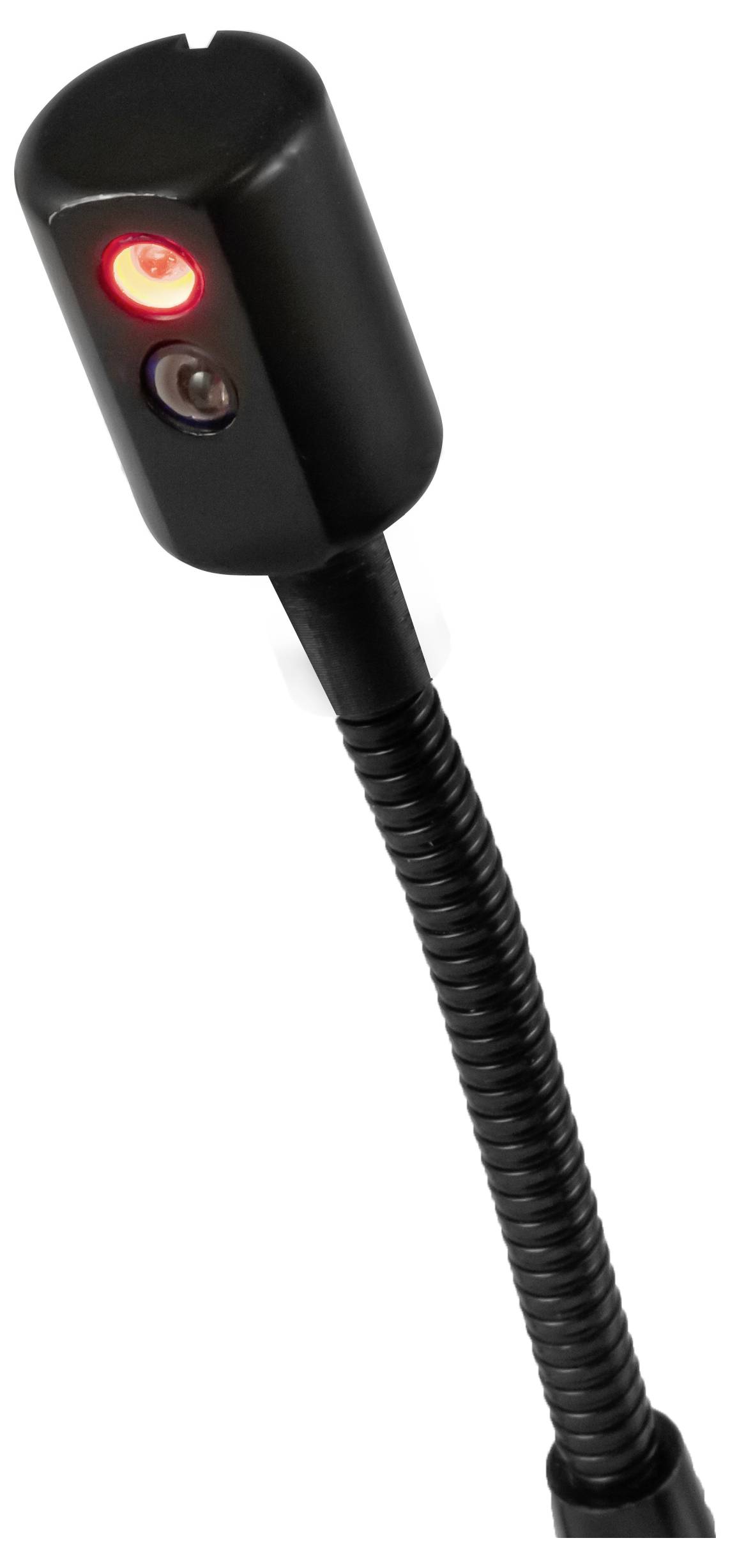 Voyant lumineux DEL à col flexible noir avec lentille illuminée rouge sur fond blanc.
