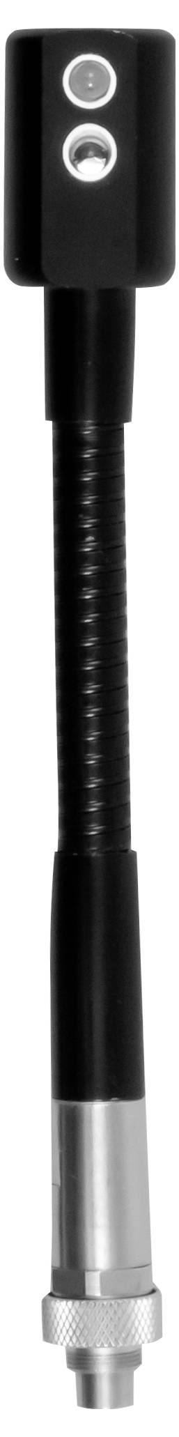 Adaptateur de câble audio en métal noir avec deux connecteurs ronds empilés sur le dessus et une base filetée argentée sur le fond, isolé sur fond blanc.