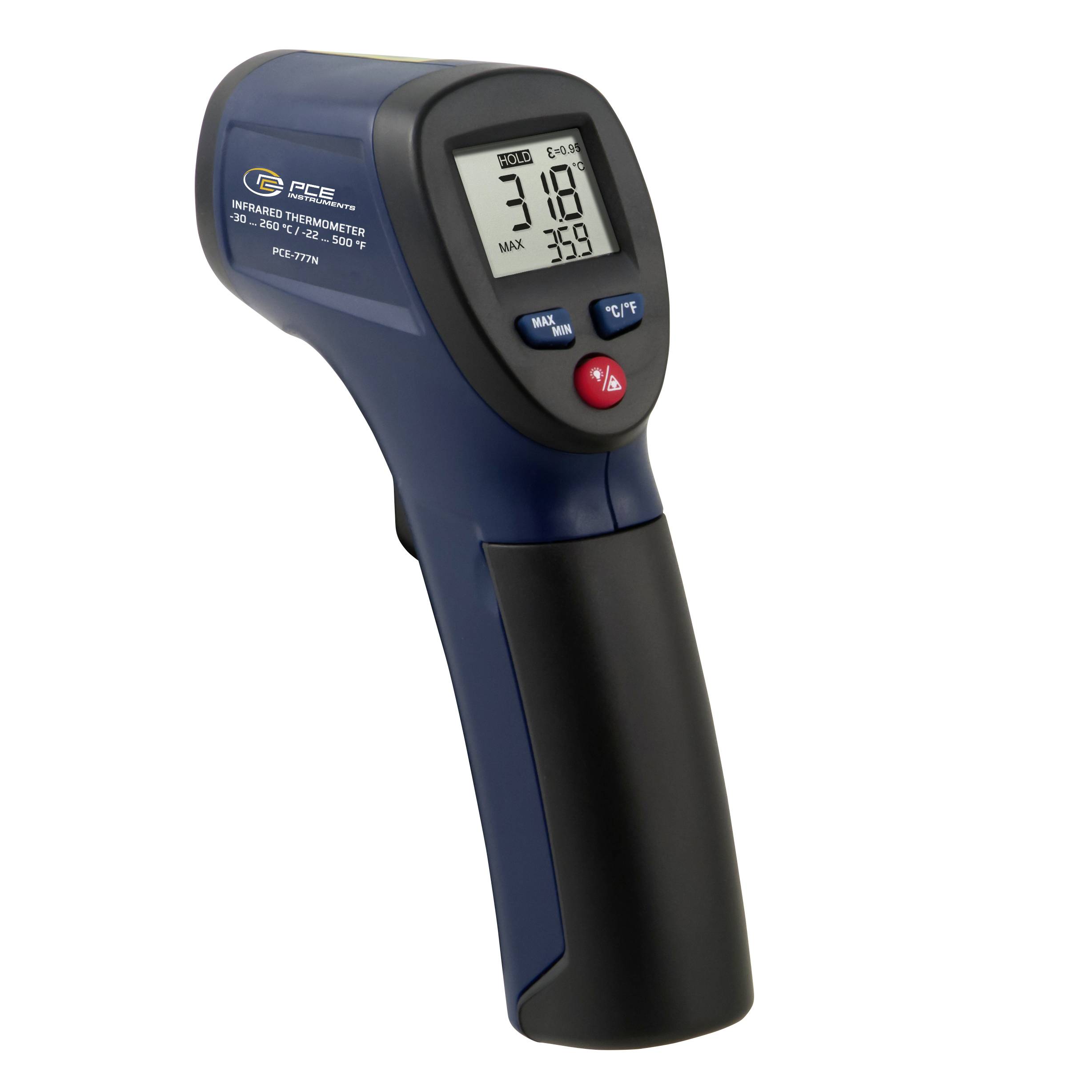 Pistolet thermomètre infrarouge portatif avec affichage numérique affichant 31,8 et max 35,9.