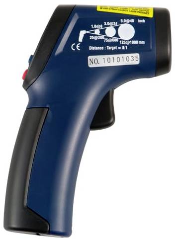 Pistolet thermomètre infrarouge portatif bleu avec gâchette, marquages d'affichage et bouton rouge latéral sur un fond blanc.