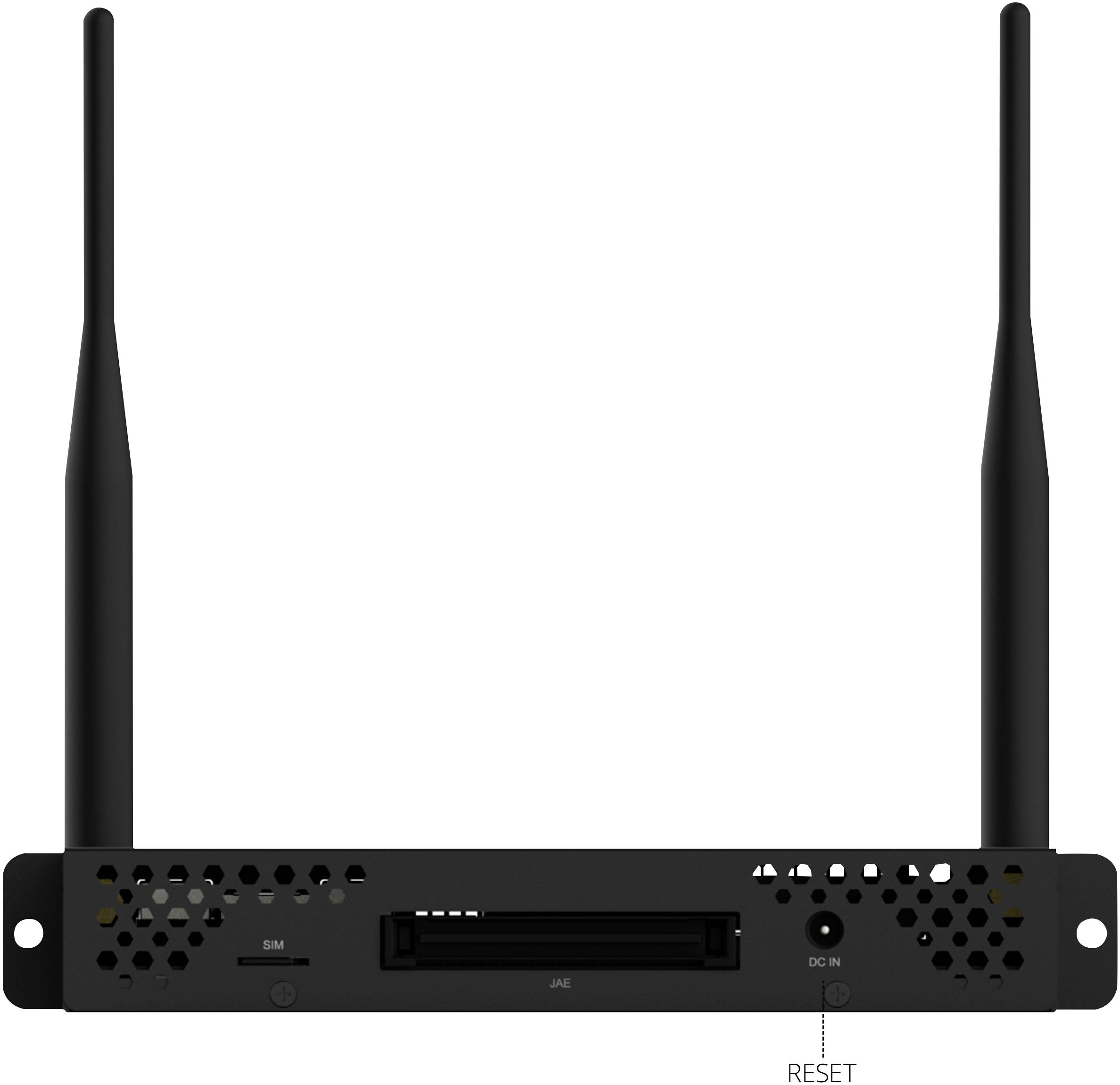Un routeur noir avec deux antennes, plusieurs fentes de ventilation, un emplacement pour carte SIM et un port réseau à l'arrière.