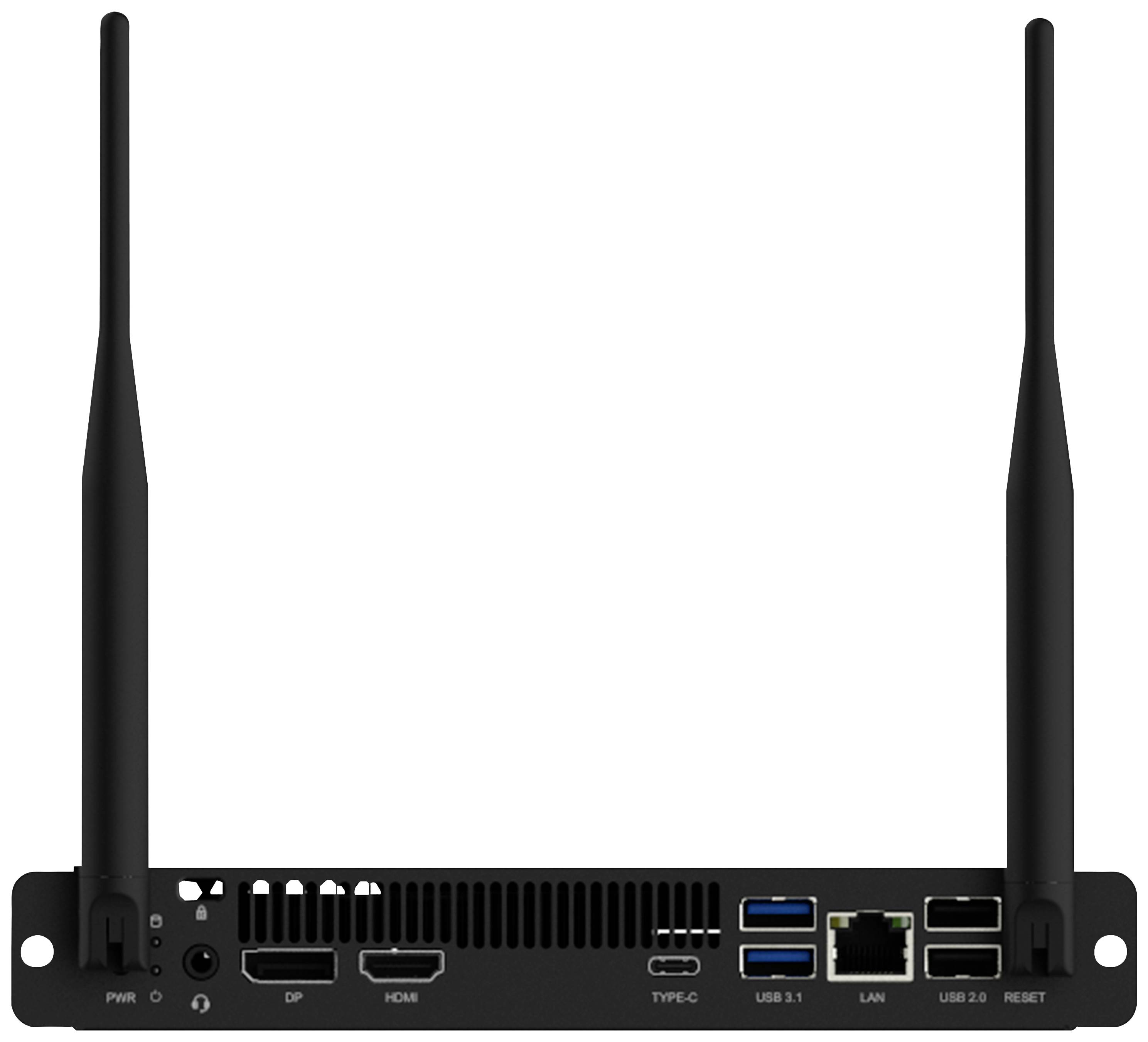 Le dos d'un petit ordinateur avec deux antennes, plusieurs ports USB, HDMI, LAN et un bouton de réinitialisation.