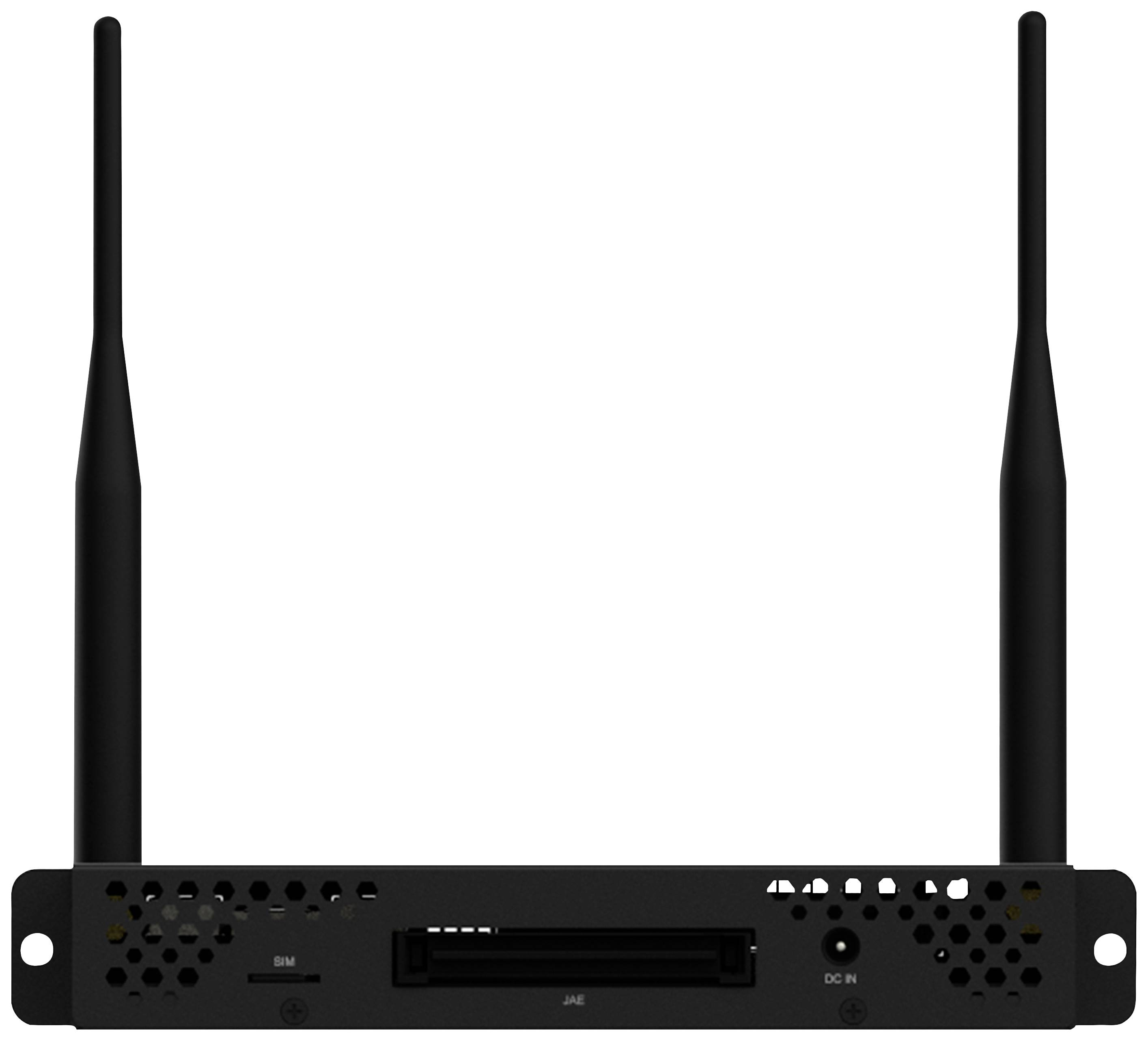 Un routeur noir avec deux antennes, un bouton marche/arrêt et des possibilités de connexion sur le devant. Adapté pour les connexions réseau.