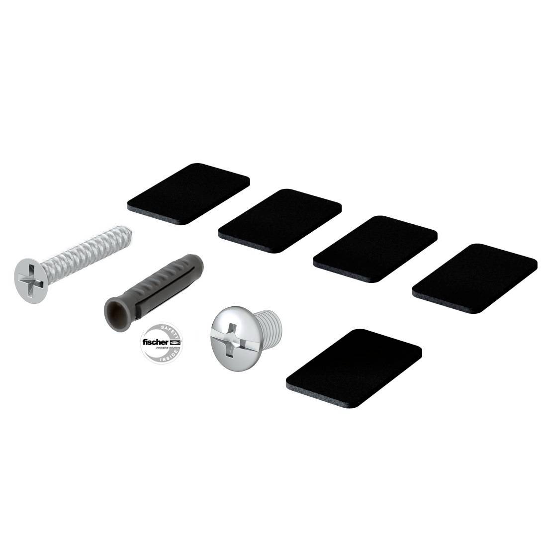 Ensemble de vis, cheville, capuchon et caches de vis sur fond blanc, montrant des éléments de fixation et leurs accessoires.