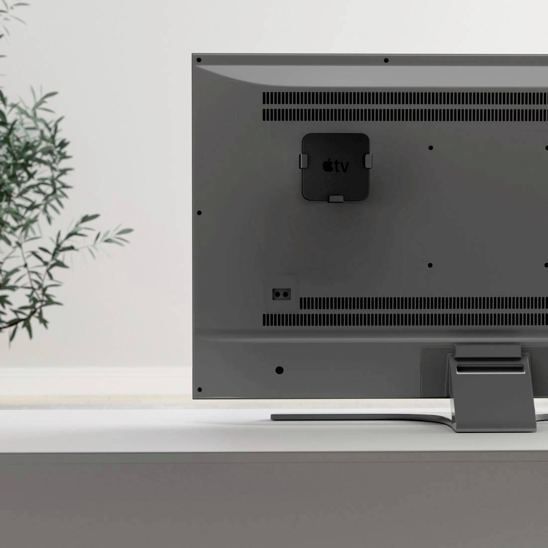 Un téléviseur est placé sur une table, avec un boîtier Apple TV fixé à l'arrière. À gauche, des plantes vertes sont visibles.