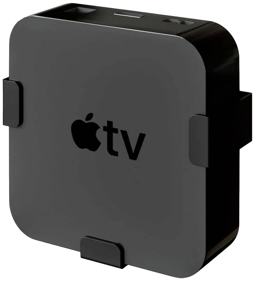 Apple TV noir dans un boîtier carré, arborant le logo Apple et les lettres 'tv' sur la façade, offrant des fonctionnalités de streaming numérique.
