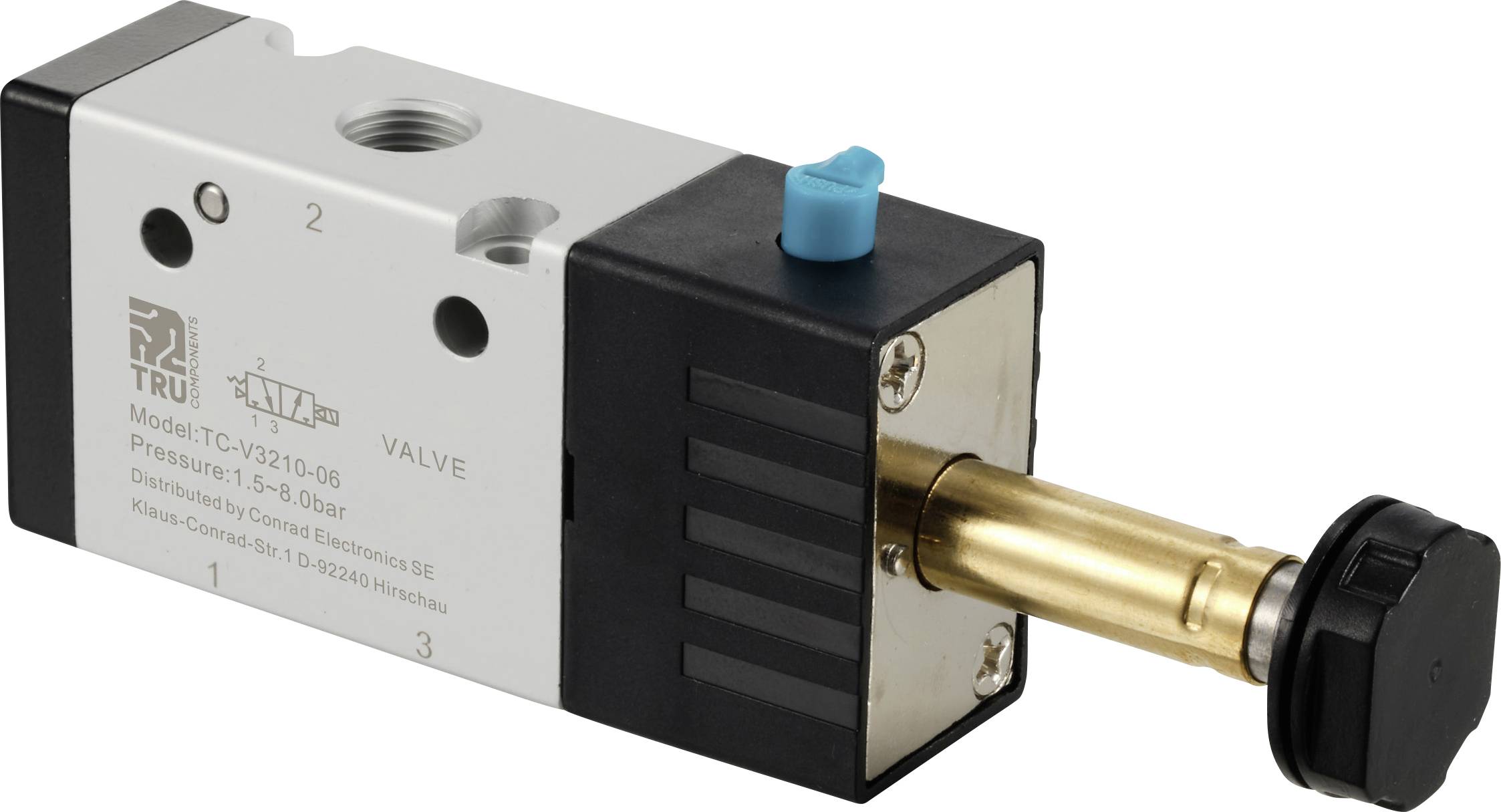 Modèle de ventilation d'air avec bouton bleu, étiquette 'VALVE', plage de pression de 1,5 à 8 bars, principalement en gris et noir.