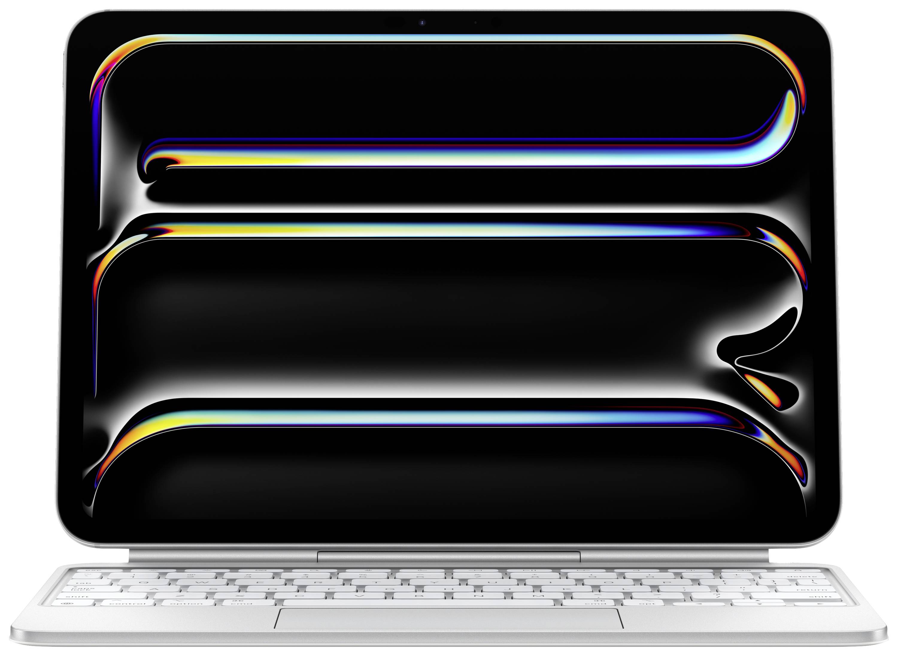 Un ordinateur portable avec un clavier blanc et un écran affichant des lignes ondulées colorées sur un fond noir.