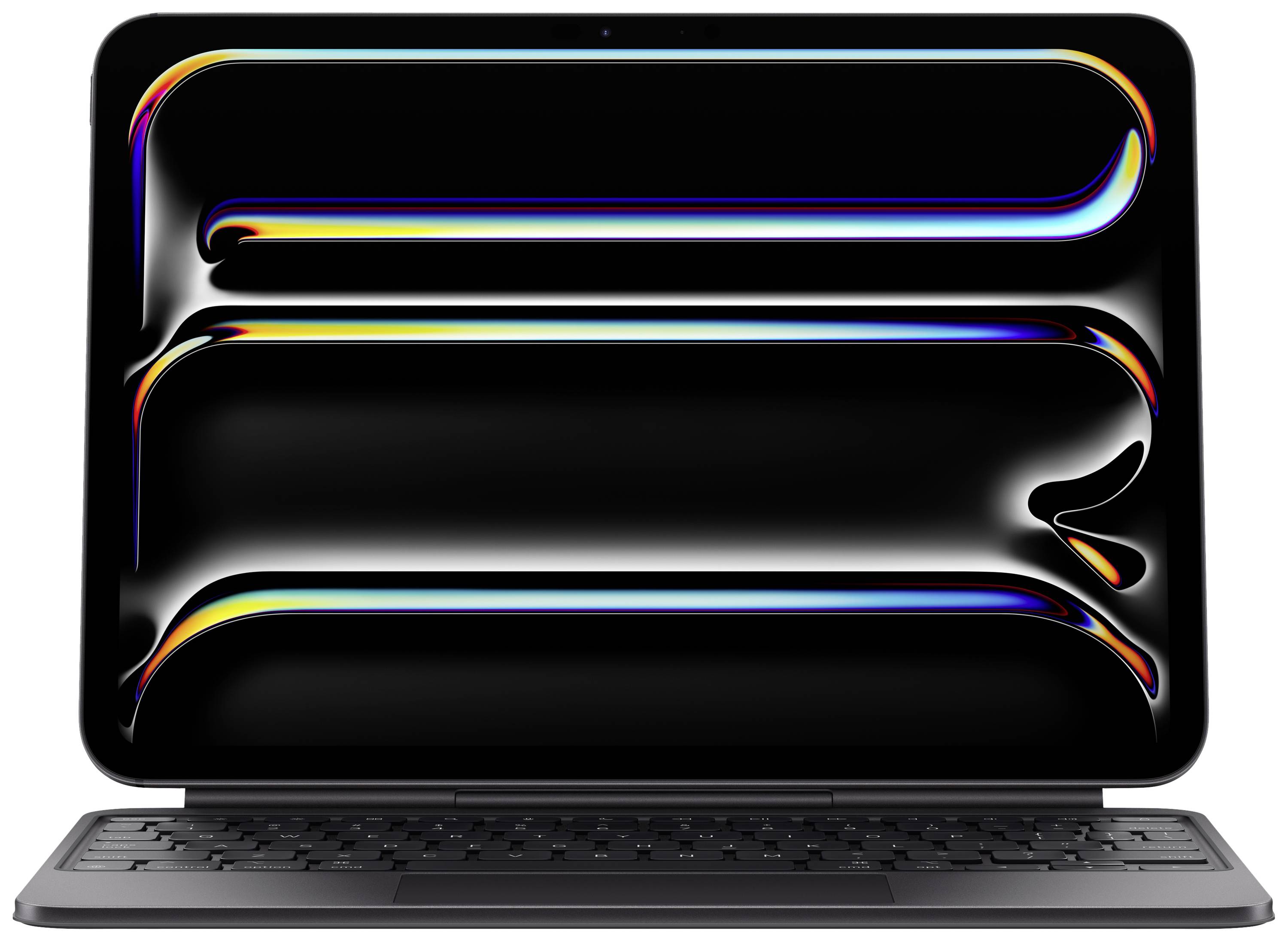 Une tablette avec un clavier-dock affiche un motif abstrait et lumineux sur l'écran, donnant une impression futuriste.
