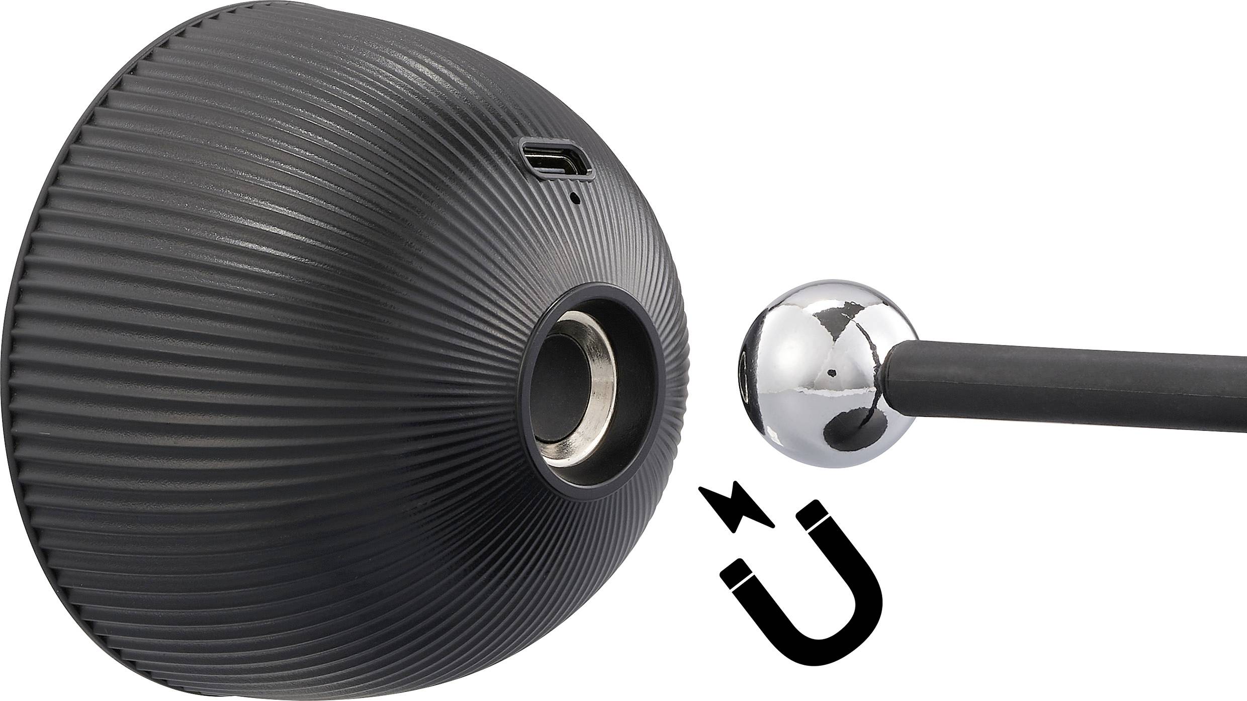 Appareil noir et sphérique avec connexion magnétique, à côté d'une boule métallique sur une tige. Le symbole de l'aimant indique la connexion.