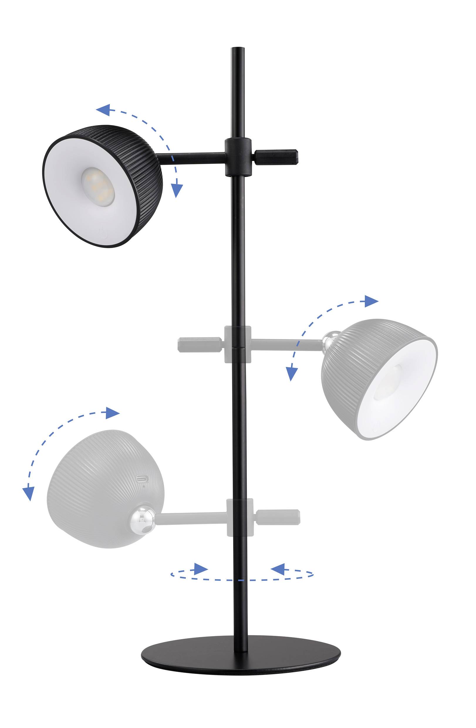 Lampadaire à tête de lampe réglable. La tête peut être inclinée vers le haut et vers le bas.