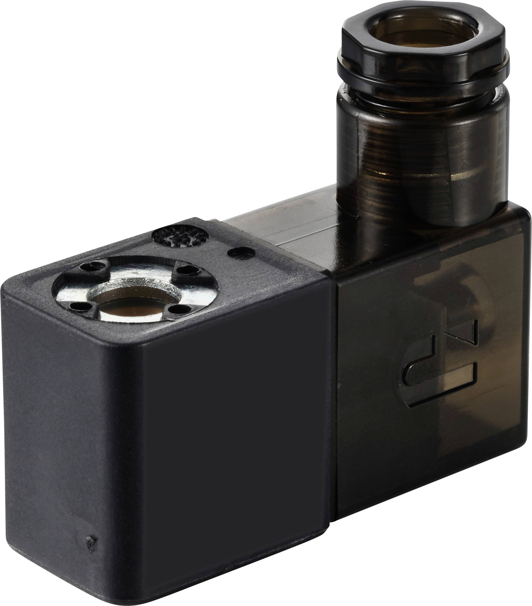 Vanne électromagnétique noire, rectangulaire, avec un raccord cylindrique transparent en haut. Composant typique utilisé dans des applications industrielles.