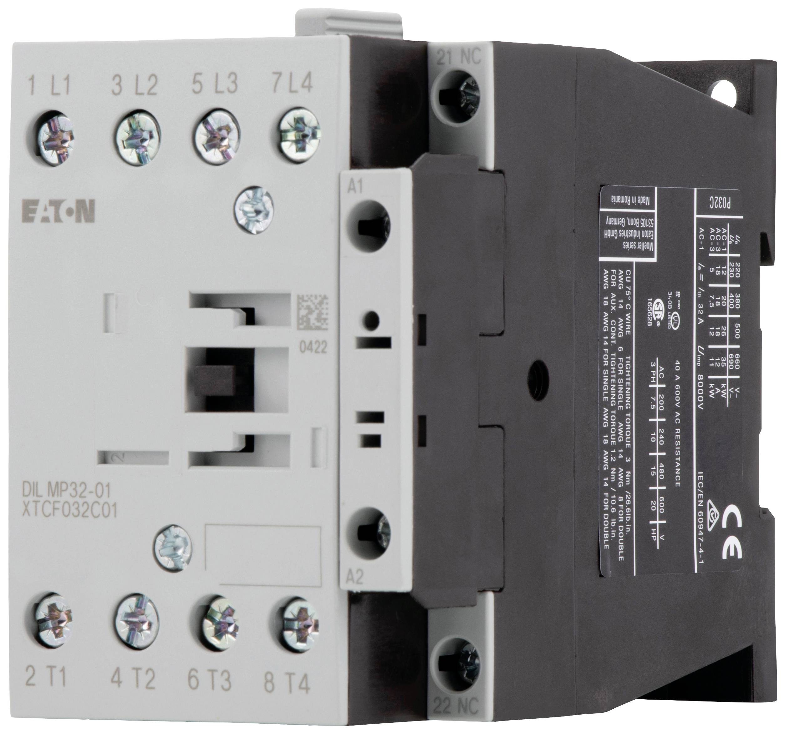 Un contacteur électrique de la marque Eaton avec des étiquettes pour les connexions et les détails techniques. Numéro de modèle : DIL MP32-01.