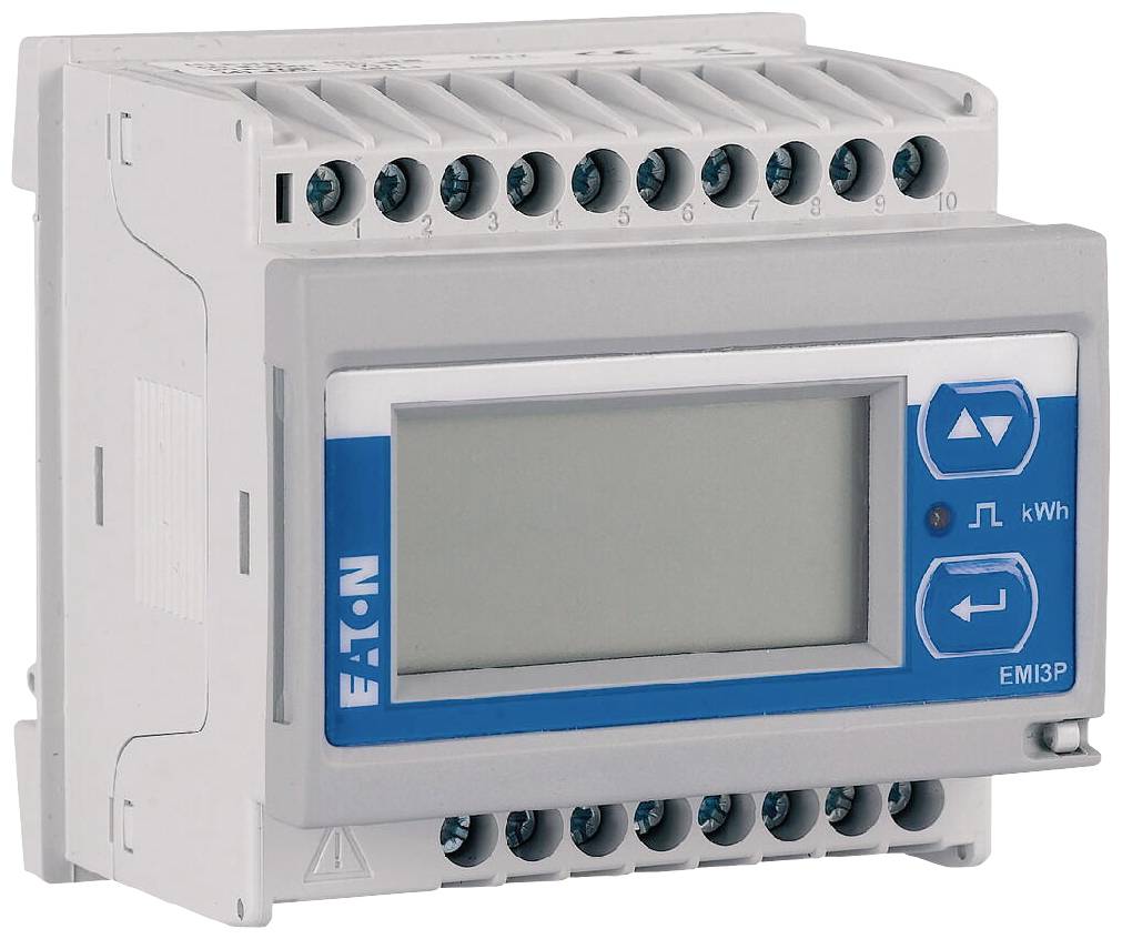 Un compteur d'énergie numérique avec écran LCD, dix bornes de connexion vertes en haut, touches de commande à droite, affichant la consommation électrique en kWh.