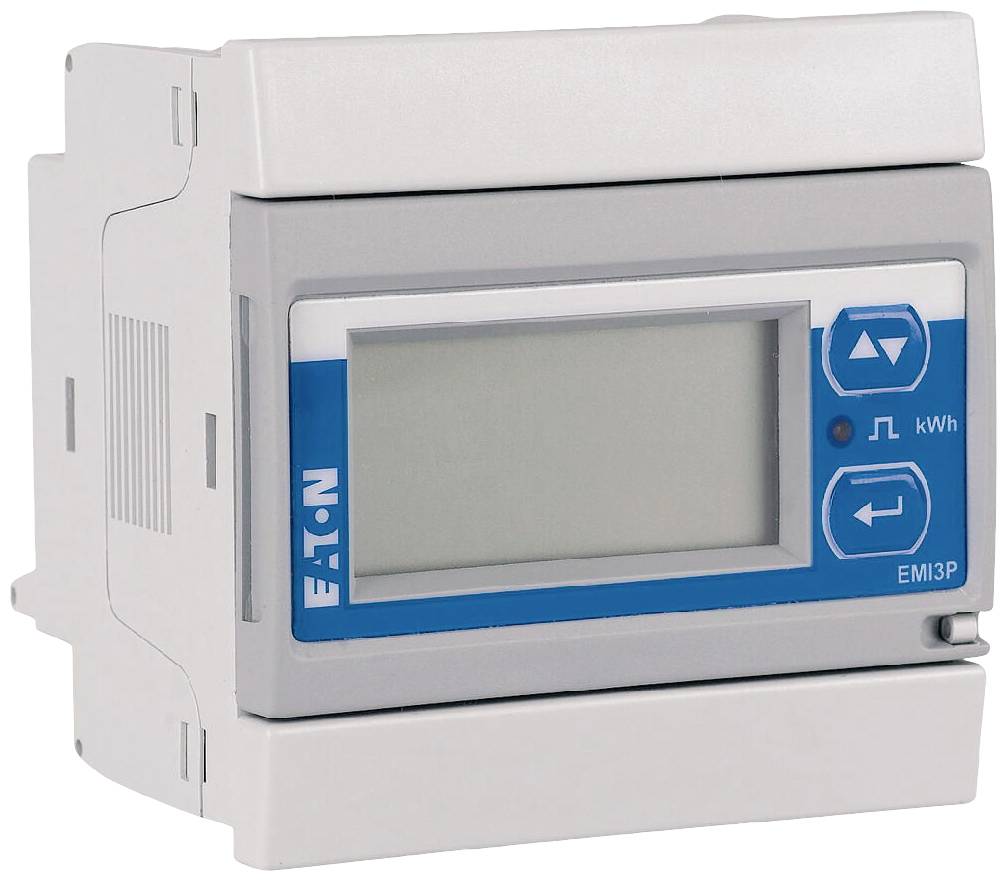 Compteur électrique blanc et bleu de EATON, modèle EMI3P, avec affichage numérique et boutons de commande, servant à mesurer la consommation d'énergie en kWh.
