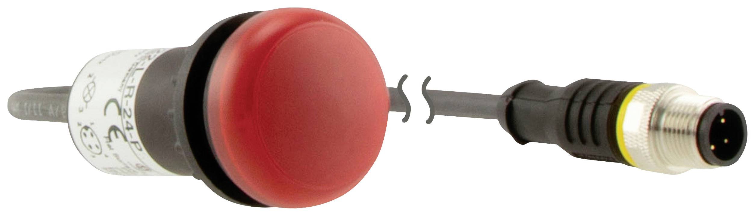 Un bouton-poussoir rouge avec un câble noir et un connecteur à quatre broches. Adapté aux applications industrielles.