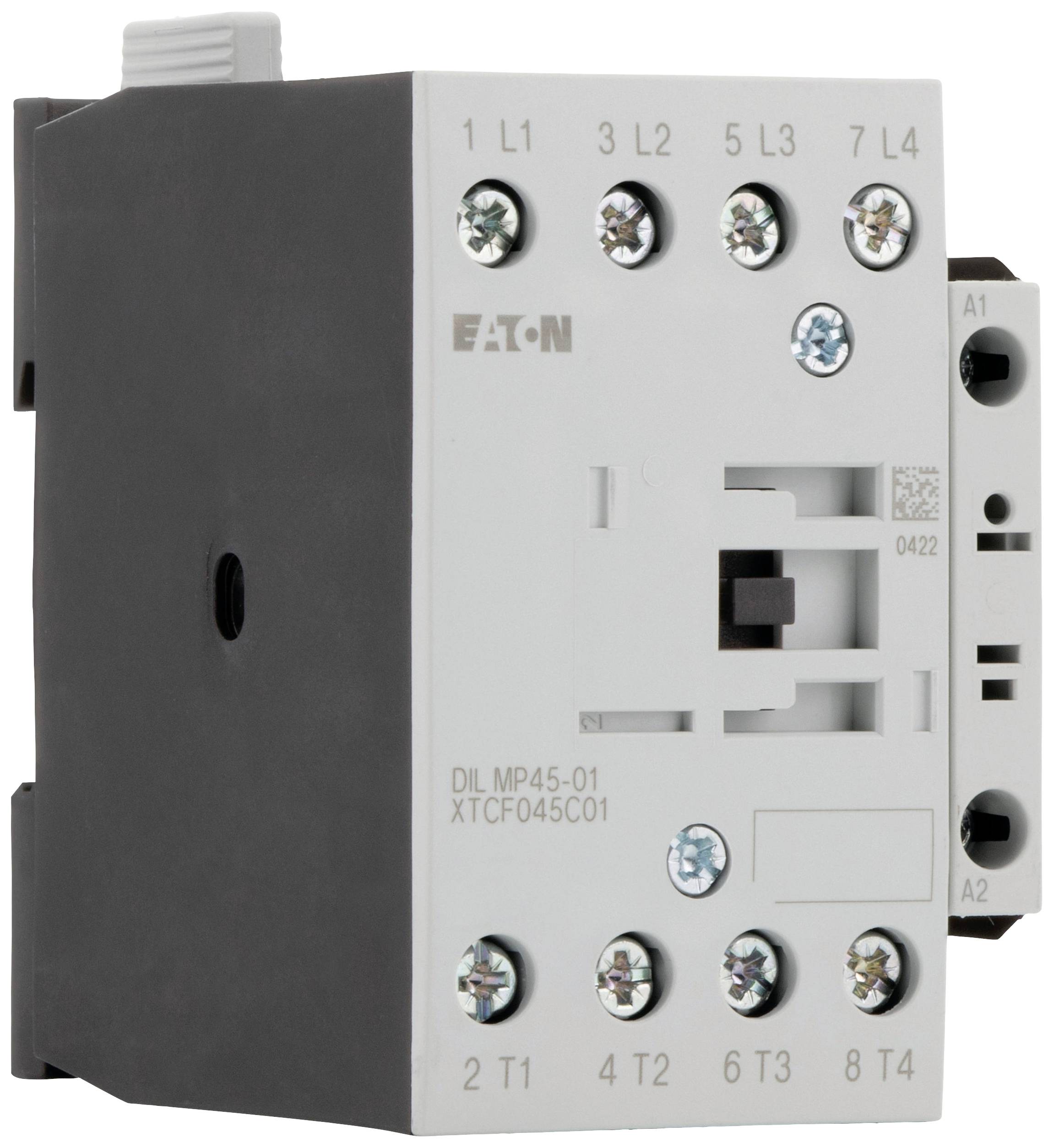Un contacteur électrique gris Eaton, modèle DILMP45-01. Appareil avec plusieurs connexions et vis pour une utilisation industrielle.