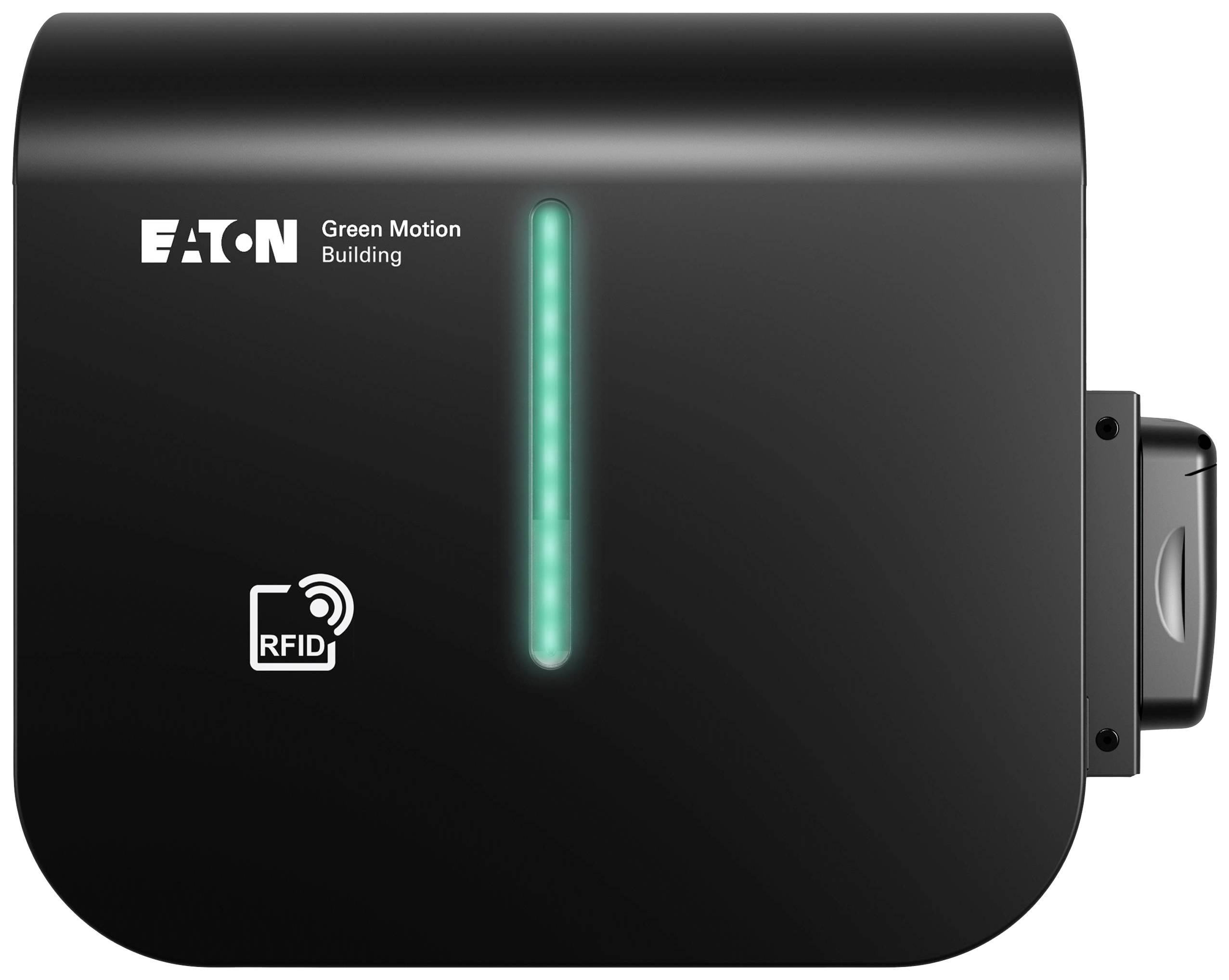Chargeur RFID noir d'Eaton avec voyant de charge vert, marqué 'Green Motion Building'.