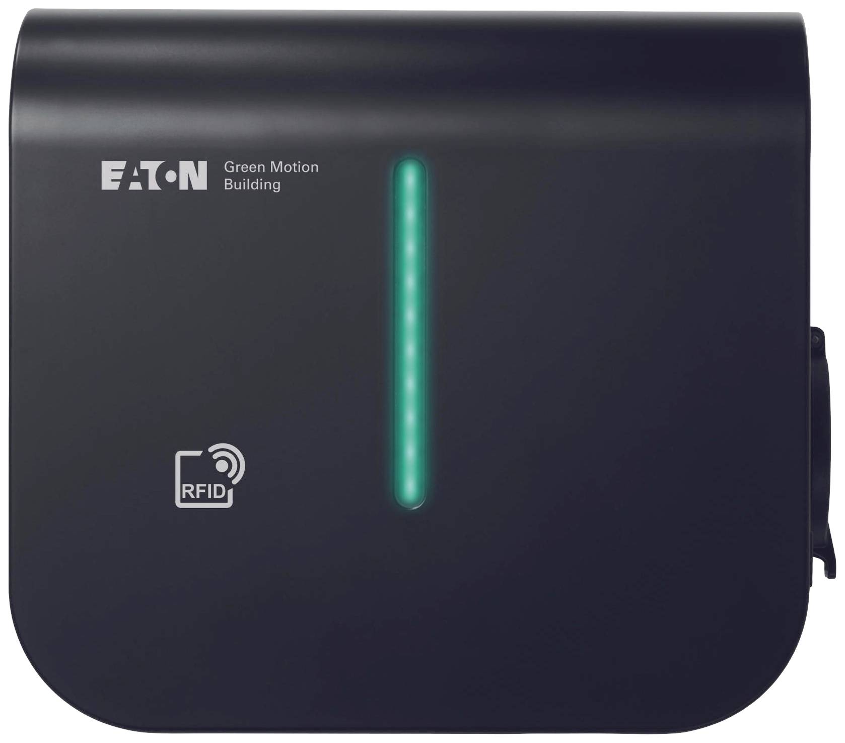 Station de charge RFID avec bande LED verte et inscription 'EATON Green Motion Building', montrant l'état activé.