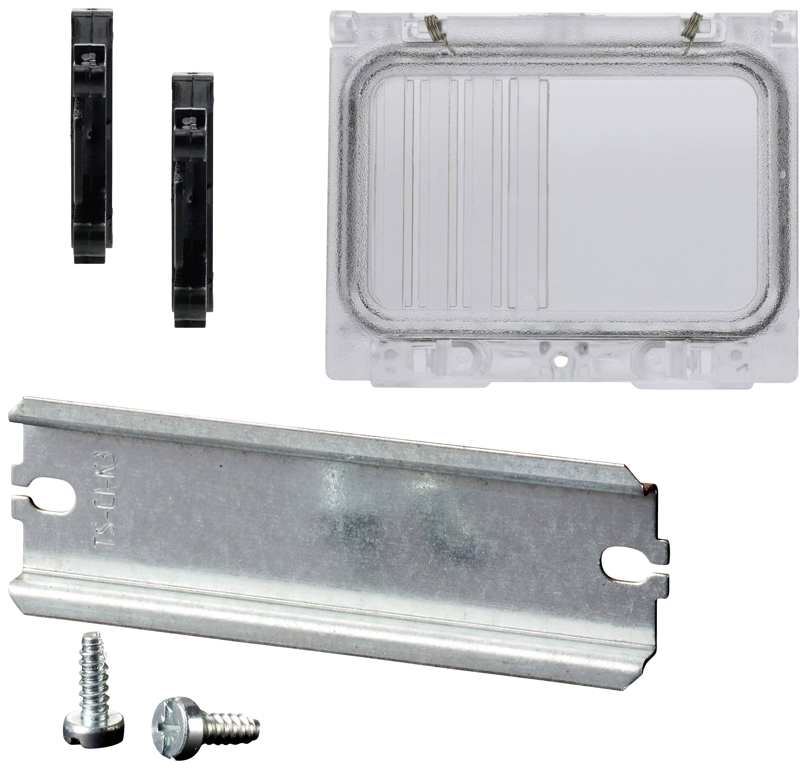 Rail métallique avec des vis, deux attaches noires et un couvercle transparent en plastique avec des clips, placés côte à côte.