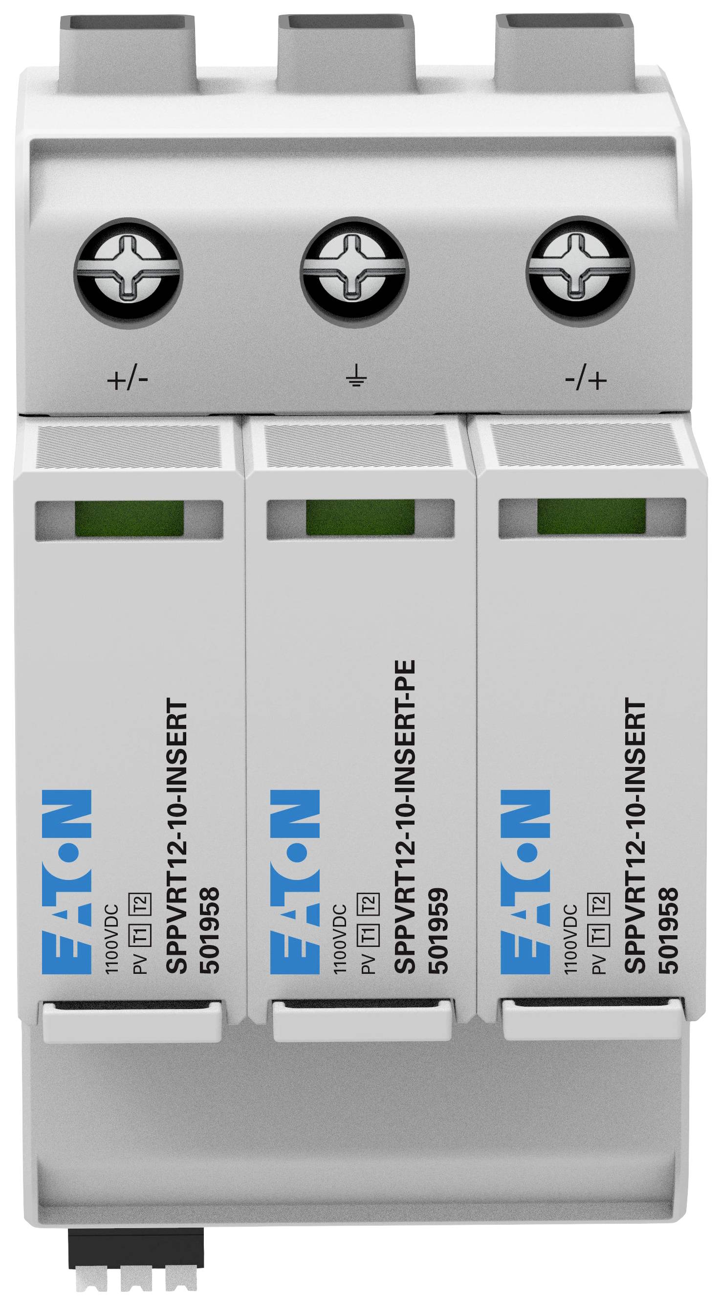 Dispositif de protection contre les surtensions à trois emplacements, avec le nom de marque 'Eaton' visible. Conçu pour protéger les appareils électriques contre les surtensions.