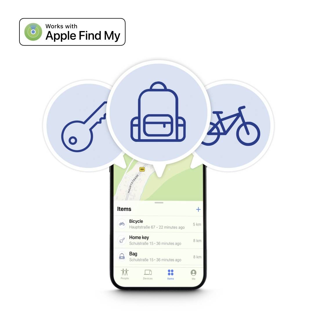 Un écran de smartphone affiche l'application 'Apple Find My' avec des icônes représentant des clés, un sac à dos et un vélo.