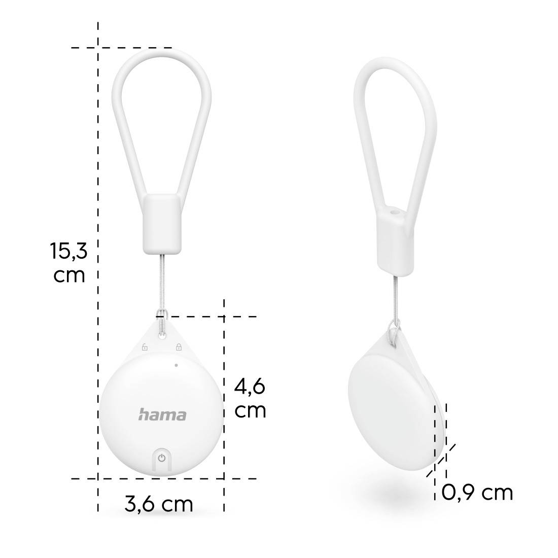 Deux images d'un écran de protection antivol blanc avec les dimensions suivantes : à gauche 15,3 cm x 3,6 cm x 4,6 cm, à droite avec une épaisseur de 0,9 cm.
