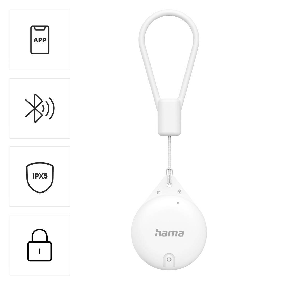 Localisateur d'objets intelligent Hama en blanc avec symboles d'application, Bluetooth, IPX5 et cadenas ; pour le suivi et la localisation d'objets.