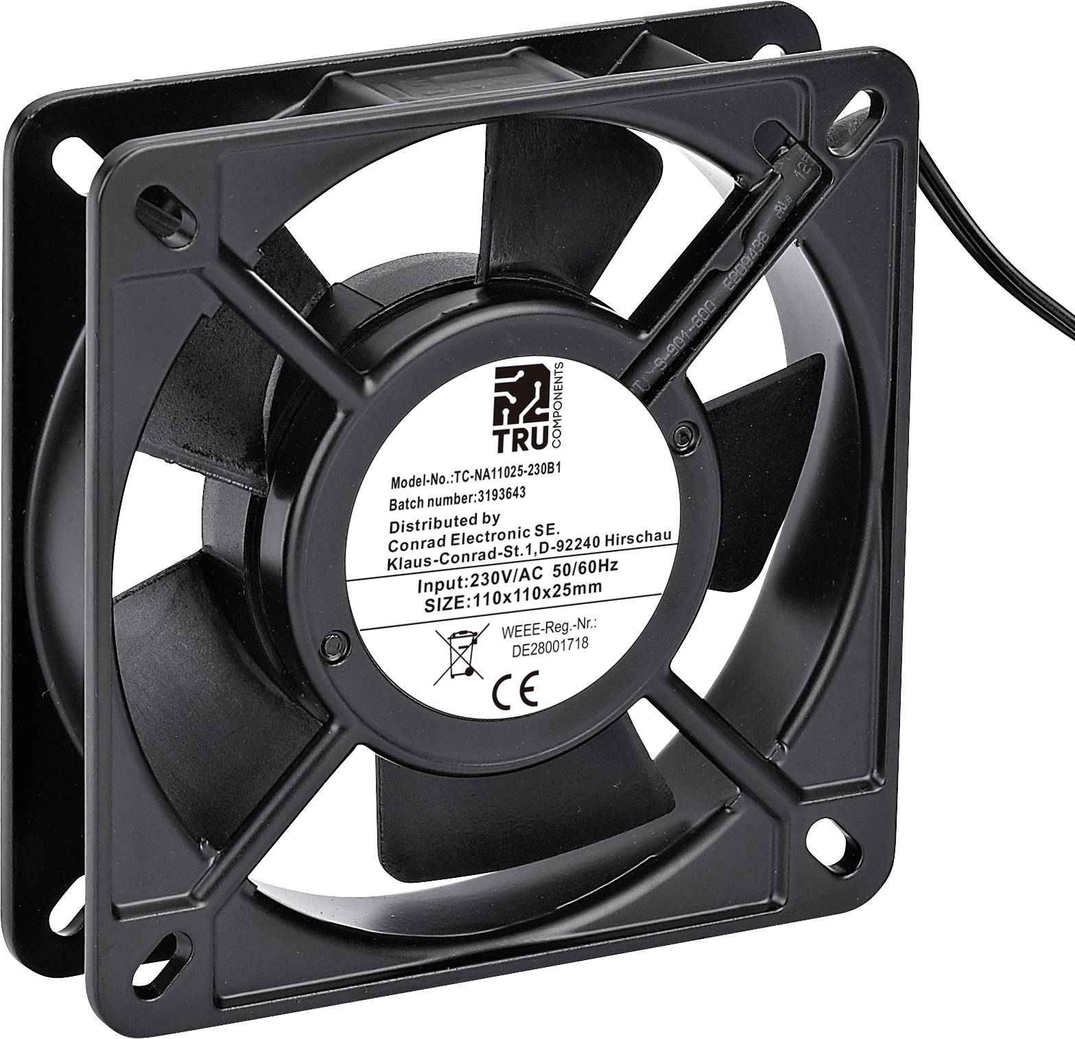 Un ventilateur d'ordinateur noir avec un cadre carré et un câble, montrant la plaque signalétique avec les spécifications techniques au centre.