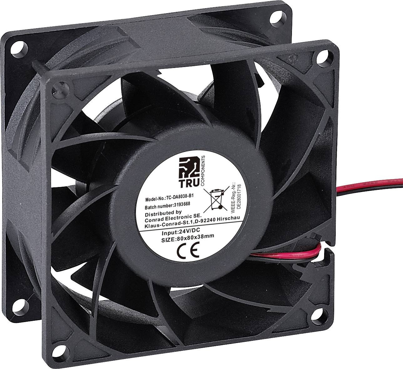 Ventilateur noir avec des câbles rouges et noirs pour l'alimentation électrique, adapté pour le refroidissement dans les appareils électroniques.