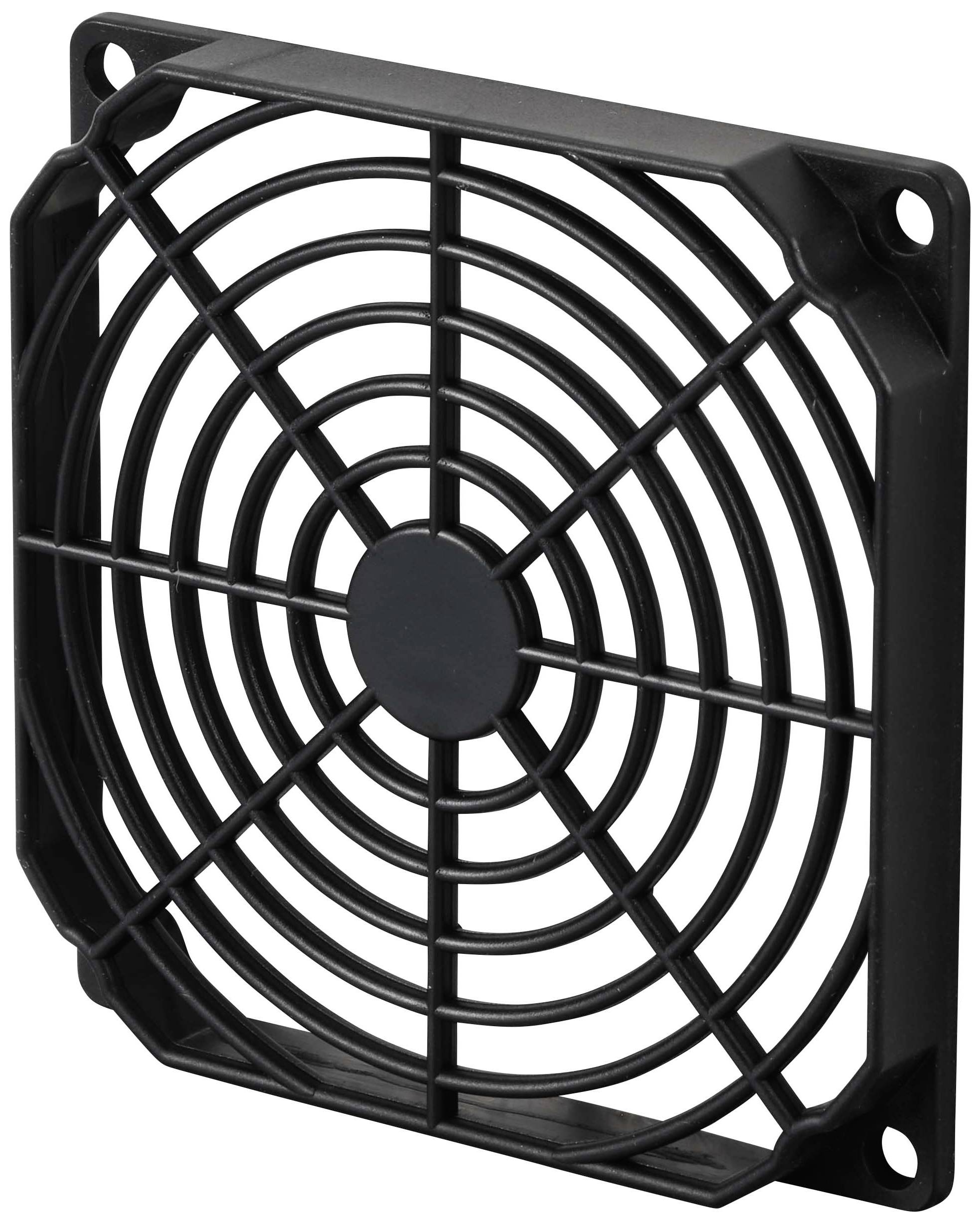 Une grille de ventilation carrée noire en plastique avec des traverses rondes pour protéger les ventilateurs dans les appareils techniques.