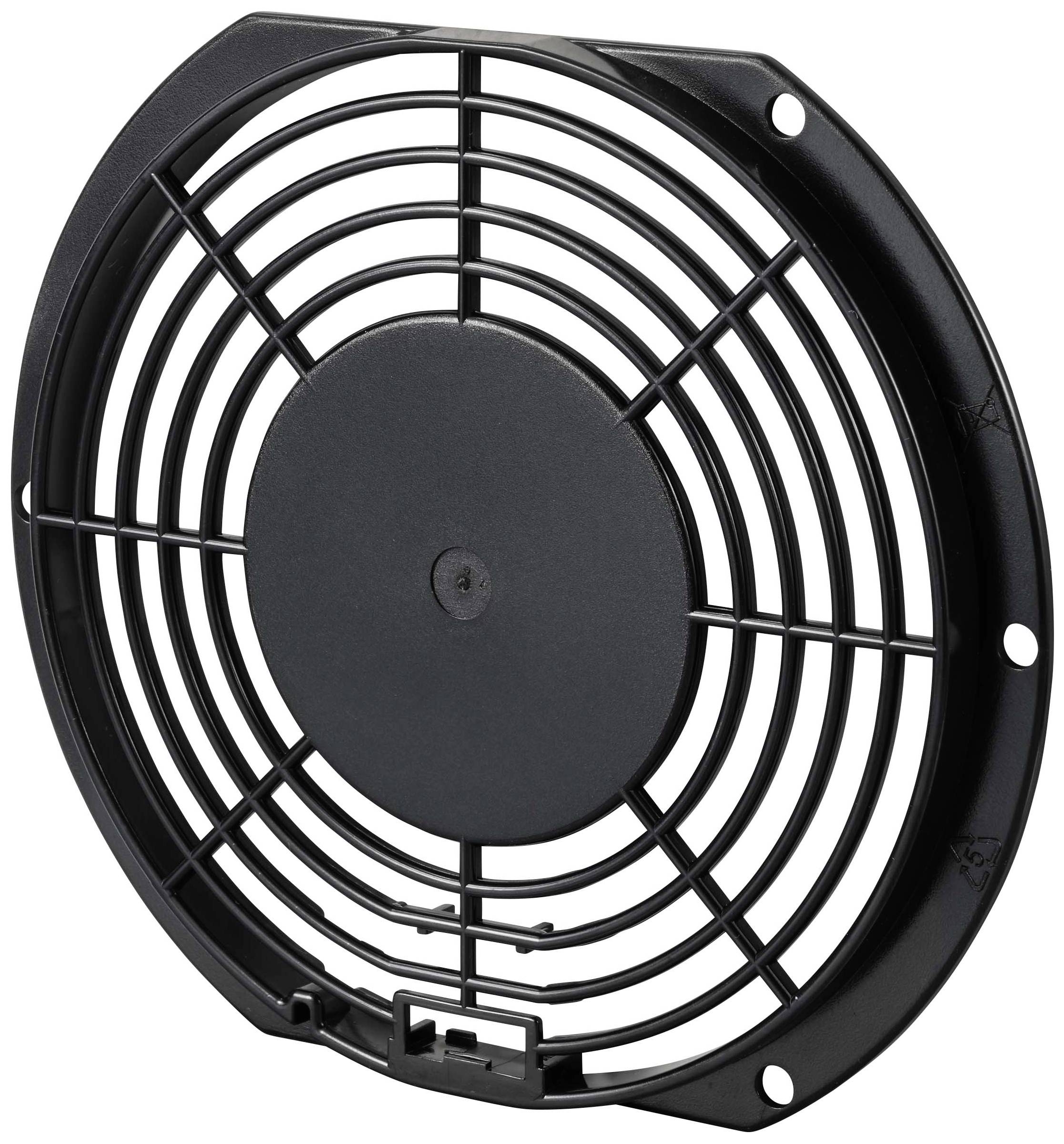 Grille d'aération ronde noire en plastique avec plusieurs motifs de perforations, adaptée à la couverture d'un ventilateur pour offrir une protection.