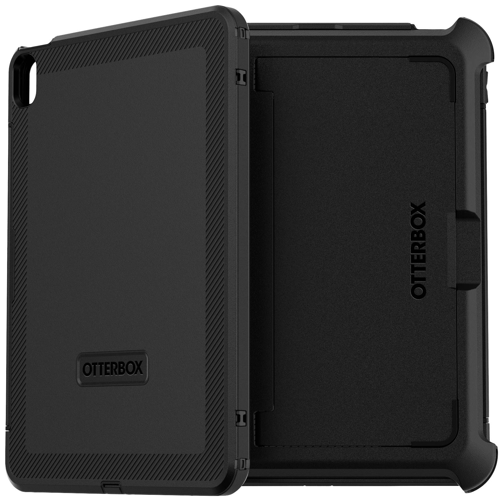 Étui de protection noir robuste pour tablette, marque OtterBox, avec coins renforcés pour une protection optimale.