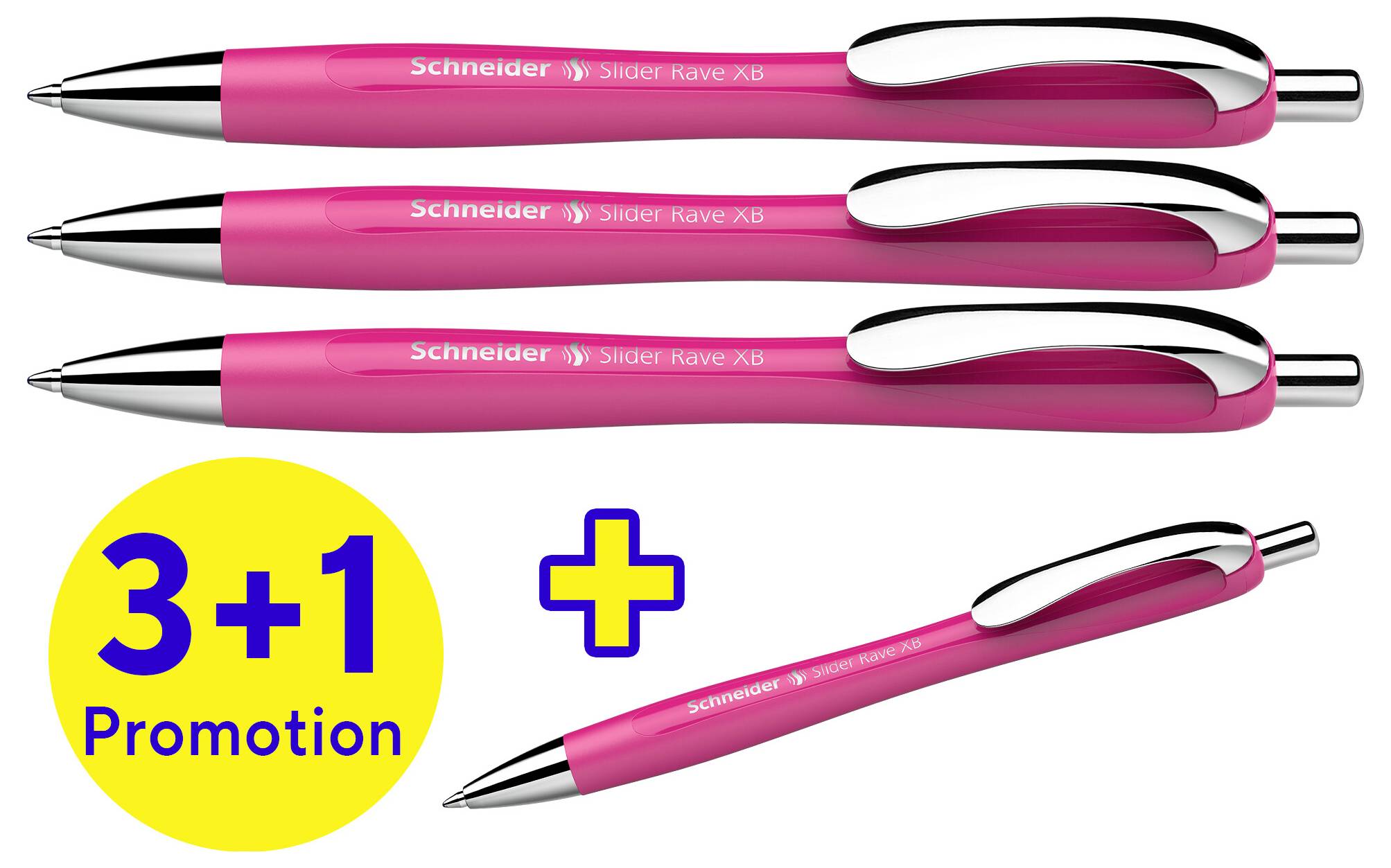 Trois stylos à bille roses avec l'inscription « Schneider Slider Rave XB ». En bas, un cercle jaune porte l'inscription « Promotion 3+1 ».