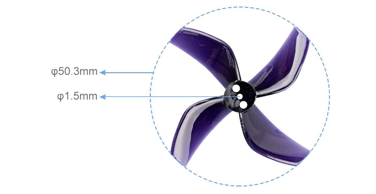 'Gros plan d'une hélice violette à quatre pales. Des flèches indiquent un diamètre de 50,3 mm et une épaisseur de 1,5 mm.'