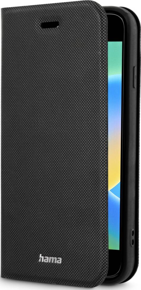 Étui noir pour téléphone portable de Hama, partiellement ouvert, montrant un écran de smartphone avec un fond coloré.