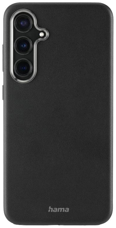 Un étui noir pour smartphone de la marque Hama. Il présente un découpage pour l'objectif de l'appareil photo adapté à un téléphone doté de trois caméras.