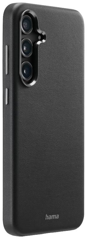 Une coque de smartphone noire avec des découpes marquées pour les caméras arrière. Le logo 'hama' est visible sur la partie inférieure.