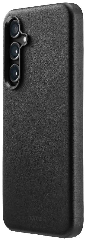 Coque noire pour téléphone avec zone découpée pour trois objectifs de caméra et un petit flash. Le dos présente une surface texturée.