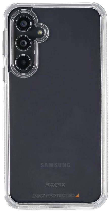 Un smartphone avec un dos noir, portant la marque 'Samsung', dans une coque de protection transparente.